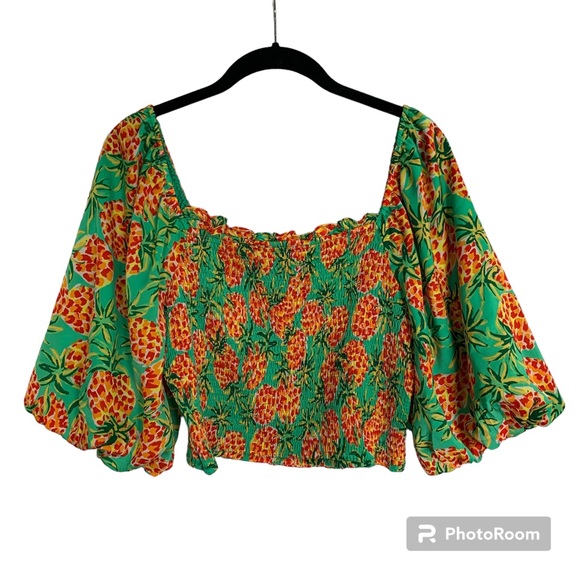 Skies Are Blue Tops - Skies Are Blue Womens L Multi Color Pineapple Print Smocked Crop Top NWT